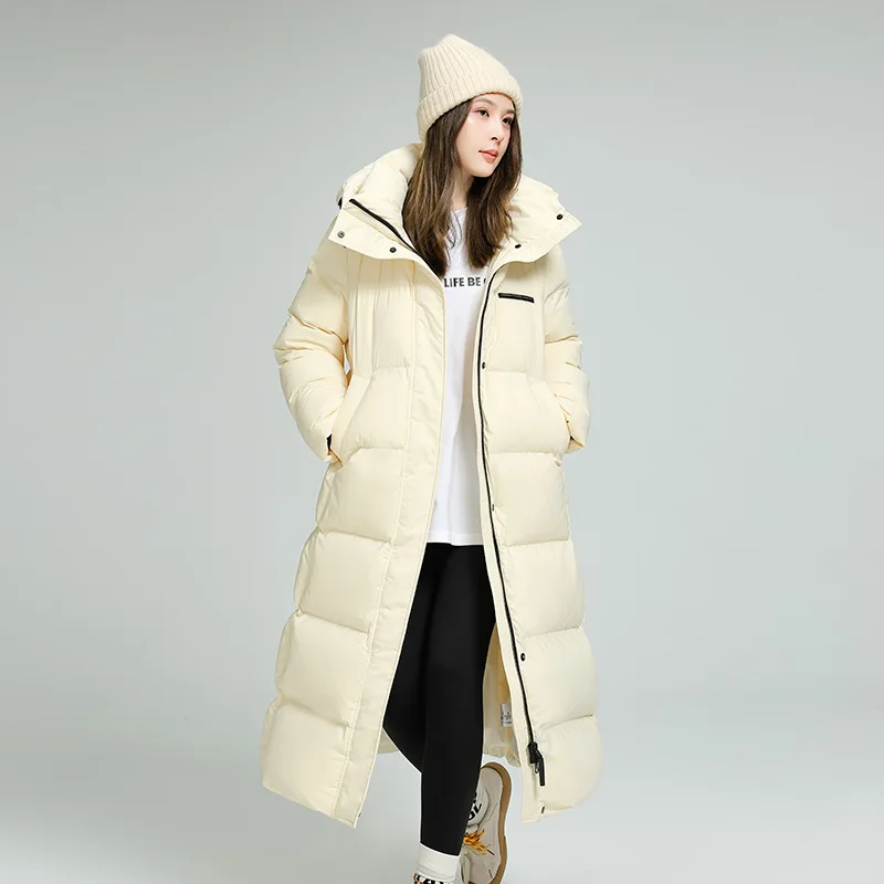 Długa, prosta kurtka puchowa dla kobiet, płaszcz zimowy do ziemi, 90% puchu kaczy, ultra ciepły, jednolity kolor, elegancki.