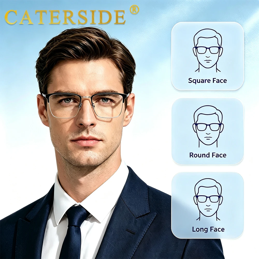 CATERSIDE New Men's Reading Glasses Luxury Pure Titanium Square Frame 1.56 Refractive Index Anti Blue Light Prescription Glasses