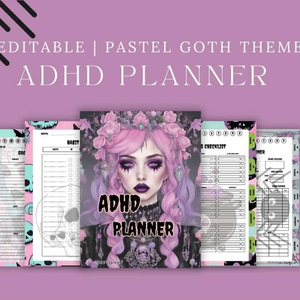 Pastel Pastel Goth ADHD Planner Canva-Friendly Anime-Inspired ADHD Planner Goth Productivity 43-Page Editable Organizer for Edit