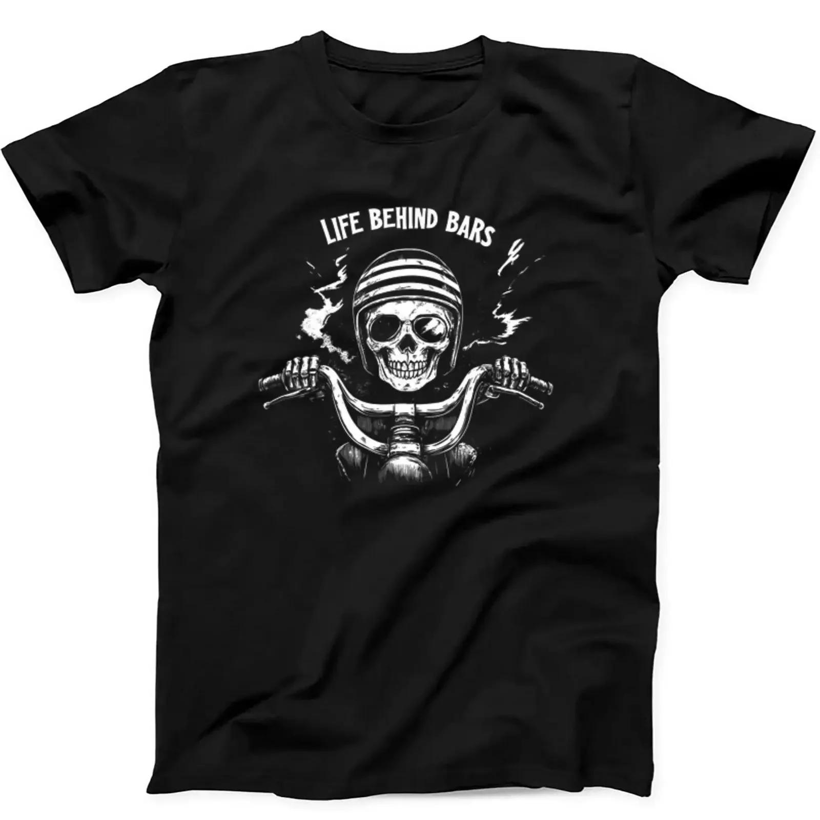 Motorcycle Life Behind Bars Biker Skeleton Decal Route 66 Weird Humorous Hilarious Witty Funny Black T Shirt 396 vintage