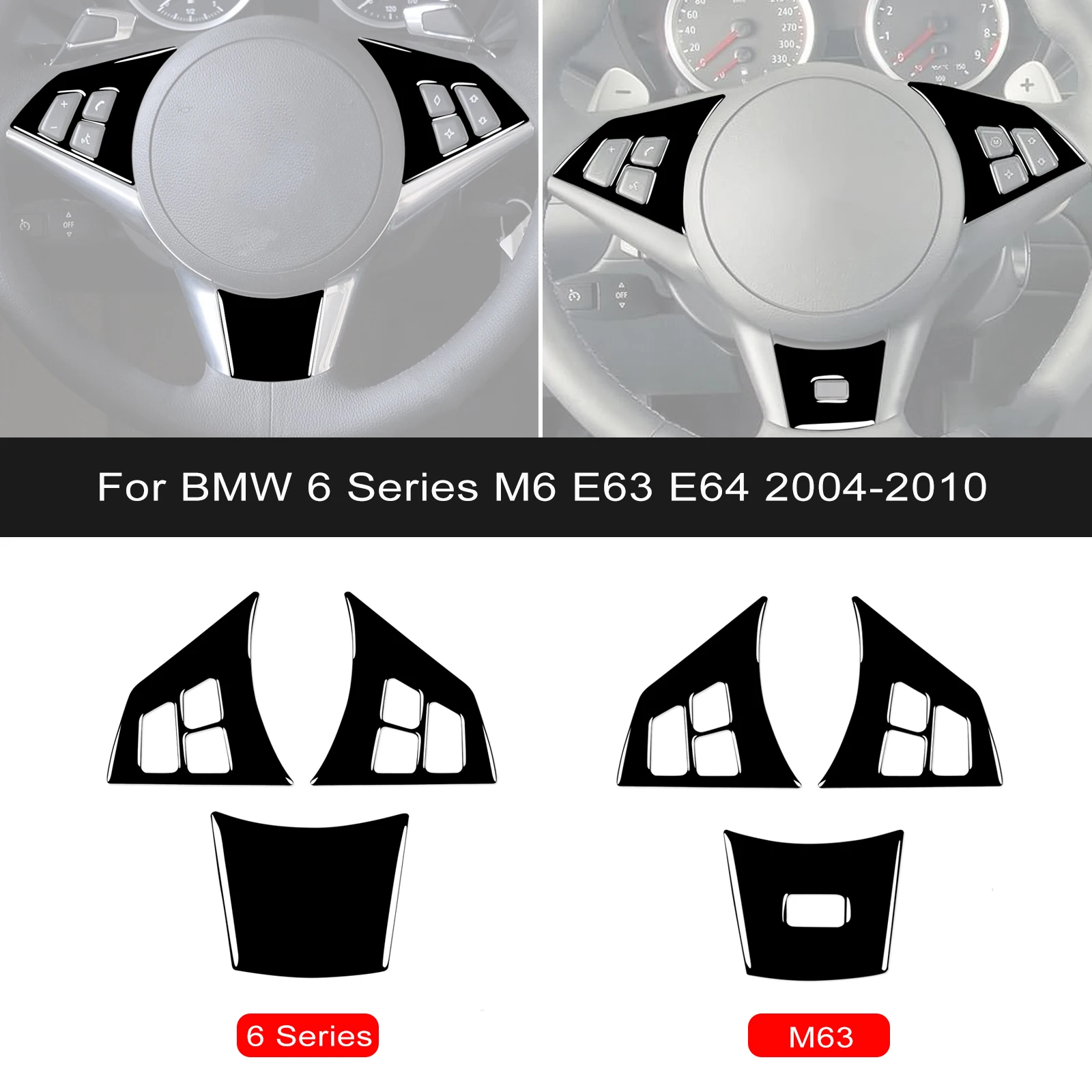 Image of Piano-Schwarz-Stil für BMW 6er Serie M6 E63 E64 2004-2010 Auto-Lenkrad-Tastenfeld-Aufkleber-Verkleidung Innenzubehör