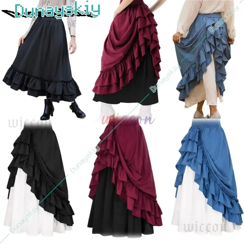

Casual Dual Layer Skirt Button Renaissance Costume Women Back Double Ruffle Long Shirring Skirt Waist Elastic Band Maxi Length