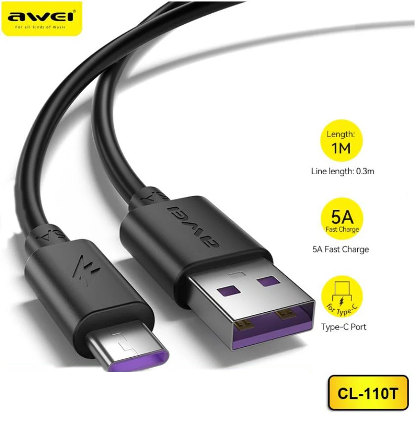 Awei CL-110T/CL-111T 5A Type-C Super Quick Charge Cable Fast Charging Cable USB Type C Date Line For cell phone Samsung HUAWEI