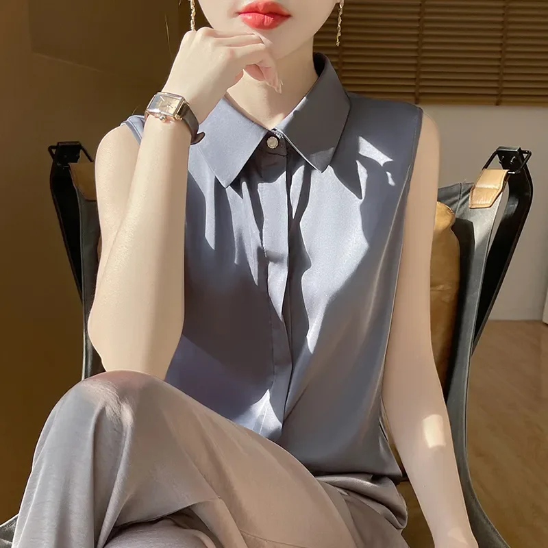 Women's Satin Polo Collar Sleeveless Blouse Elegant Casual Summer Top