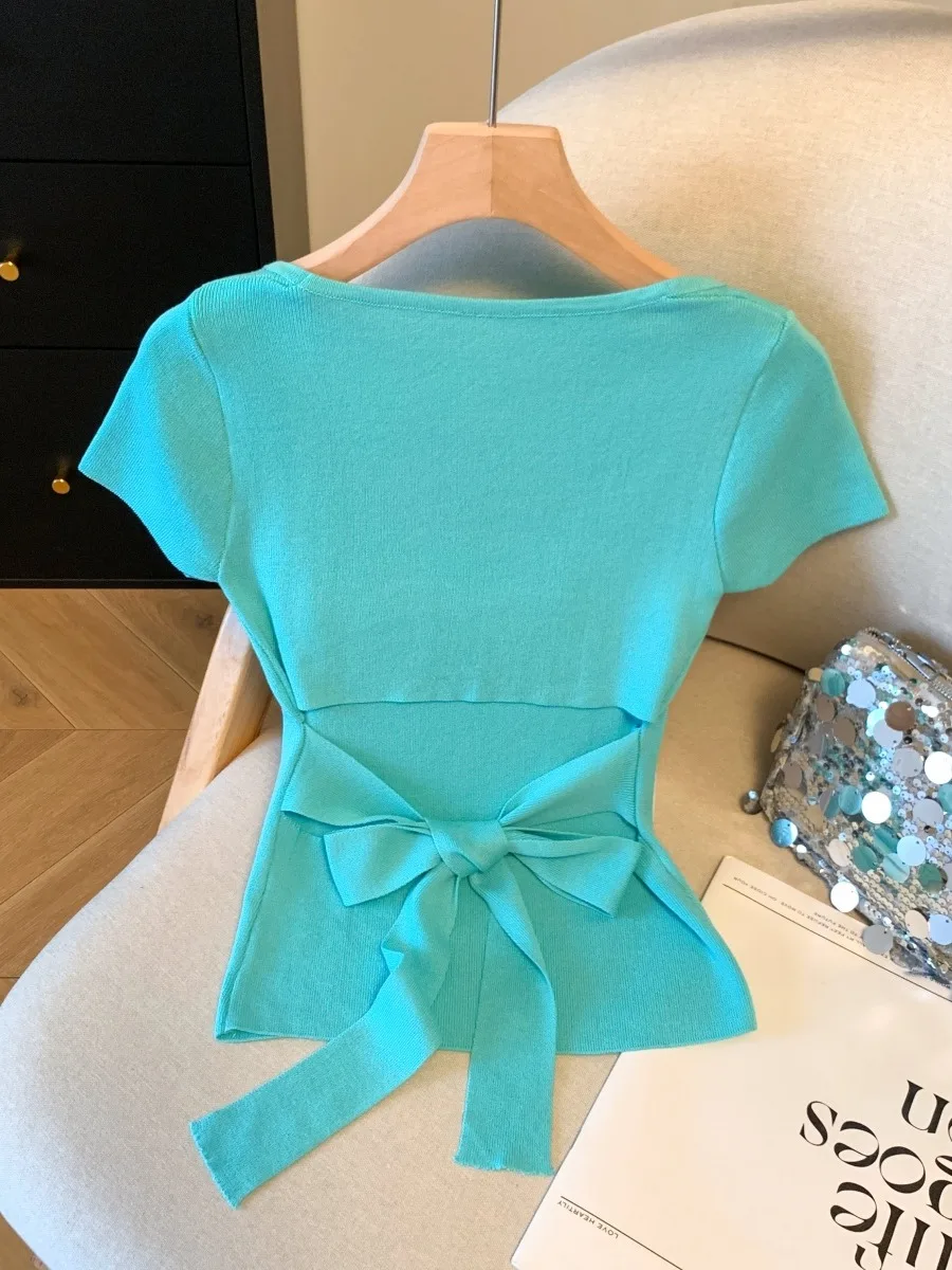 

Женский вязаный топ Ele Ice Silk, летний вязаный топ с узлом на талии и вырезами для похудения Sli ort Sve irt
