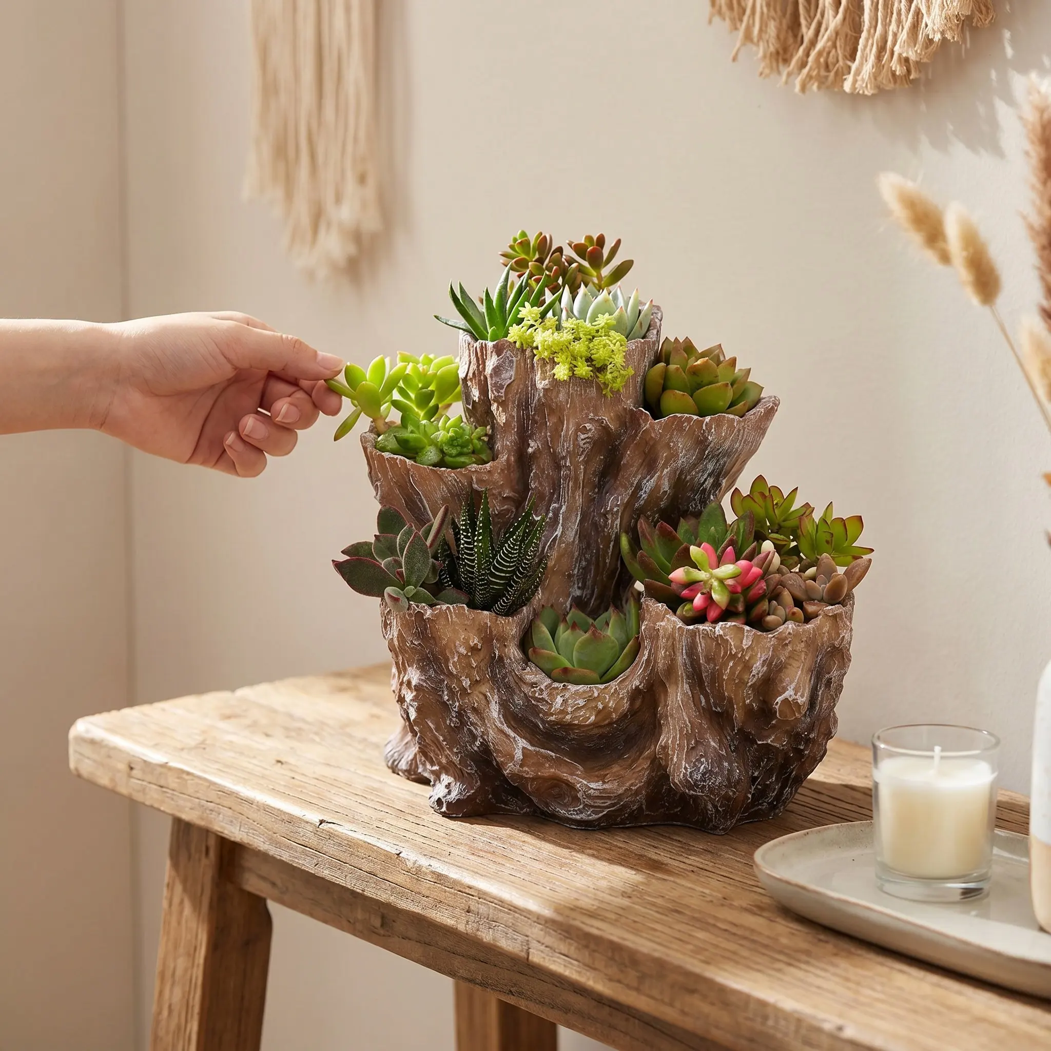 Faux Wood Planter 6-Hole Resin Multi-Compartment Artificial Driftwood Tree Root Pot for Succulent Cactus Farmhouse Decorative