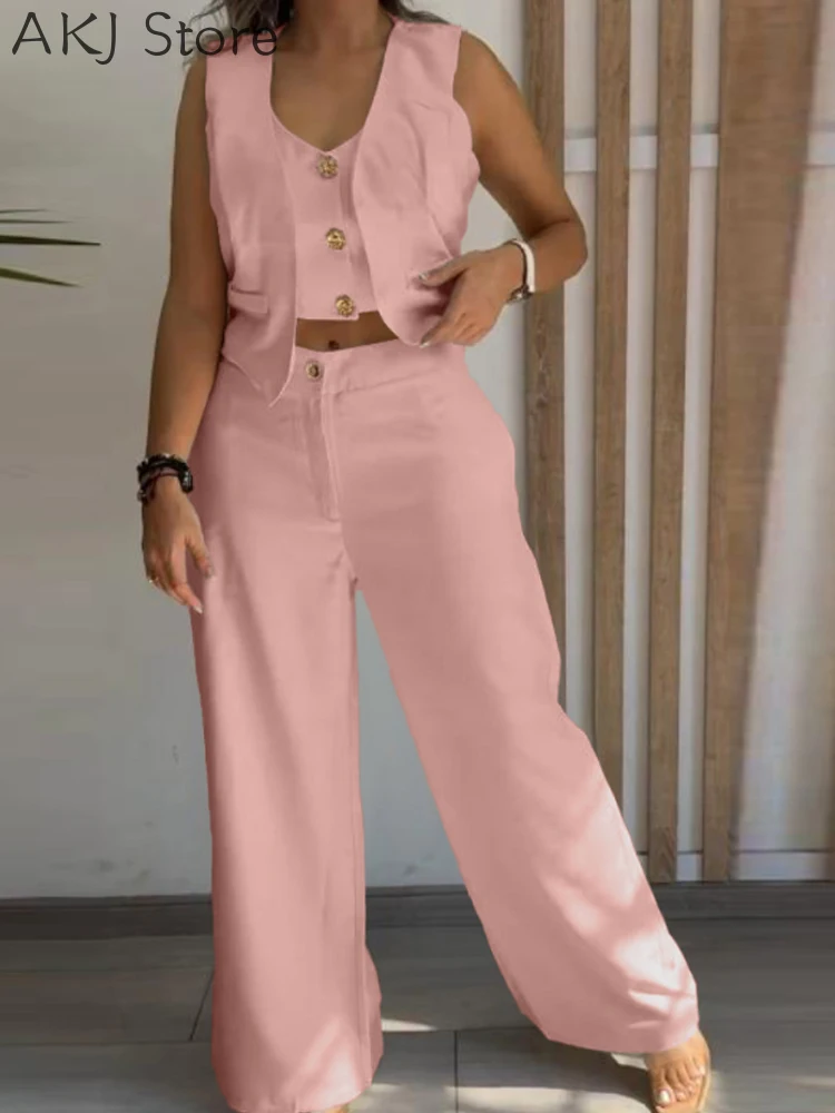 2 点の衣装 V ネックノースリーブタンクトップとカジュアルルーズフィットパンツセット