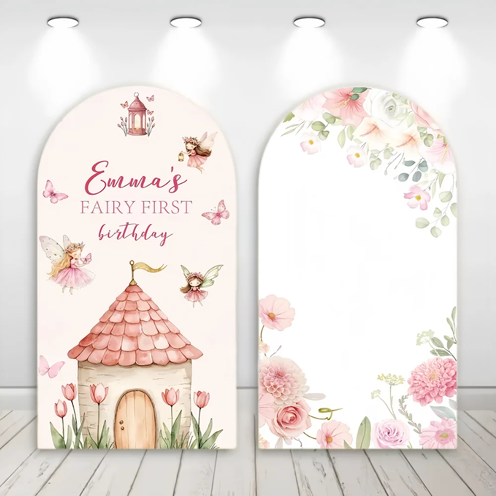 Custom 2-Sided Butterfly Flower Fairy First Chiara Arch Backdrop Cover Princess Girl Birthday Party Baby Shower Decor Background