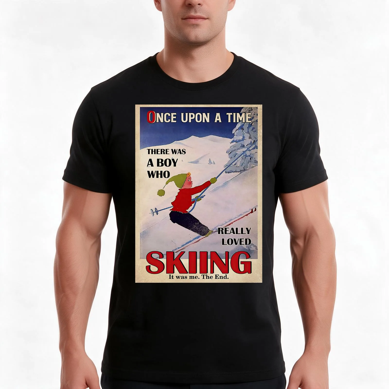 Once Upon A Time There Was A Boy Who Really Loved Skiing Poster T-Shirt, Summer Casual Cotton Tee, Oversized Streetwear Tops
