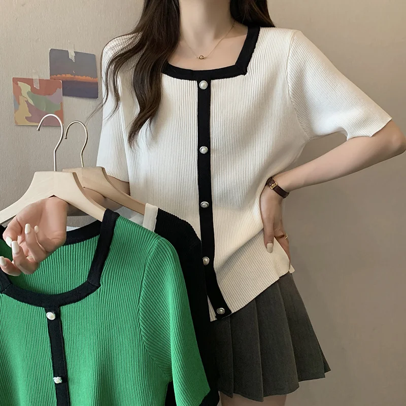 XL-4XL Large Size Spliced Knitted T-shirt Women 2023 Summer Short Sleeve Loose Oversize Tops Square Neck Ice Silk Knit Tshirt