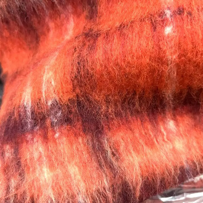 

Autumn Winter Wool Polyester Fabric Fashion Coat Outerwear Orange Plaid Single-Sided Fluffy Long Hair Color Woven Fabric