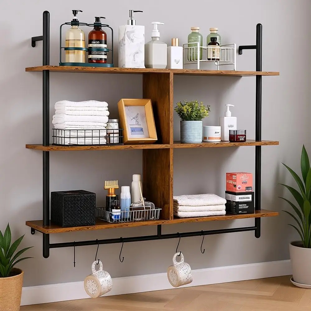 

Industrial Pipe Shel, 3 Tier 41.5x9.84in, Wall-Mount Floating Rustic Wood Shelves Bracket Display Bookshel, Storage Rack Sundrie