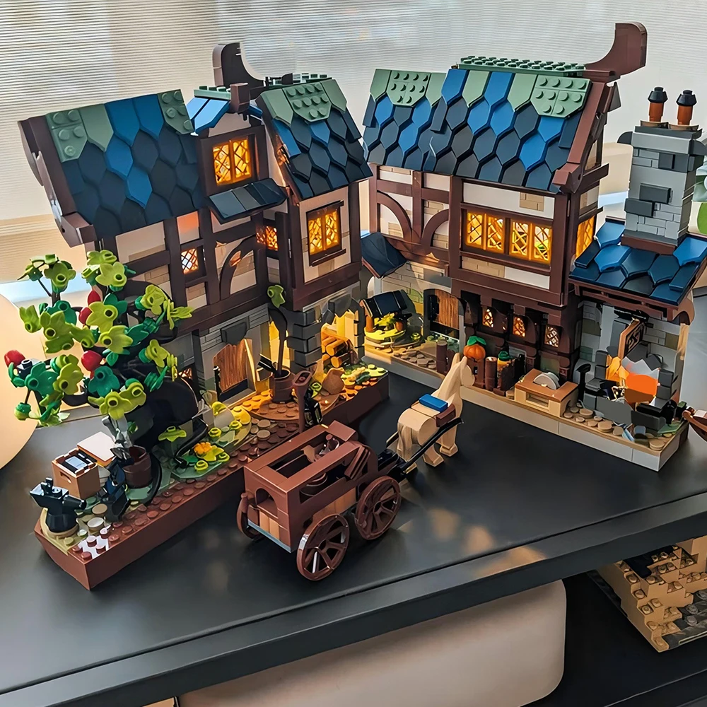 Nova marca moc edifício medieval ferreiro canto modelo blocos de construção aldeia livro canto crianças brinquedo diy presente natal