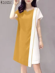 ZANZEA Women Colorblock Mini Dress Casual Asymmetrical Solid Vestido Fashion Summer Short Sleeve Robe Vintage Stitching Sundress