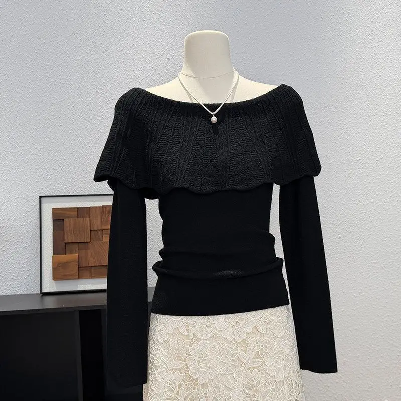 Brown Off Shoulder Knit Sweater Long Sleeve Ruffled Top Slim Fit Pullover for Women Korean Style Spring Autumn Wear 5