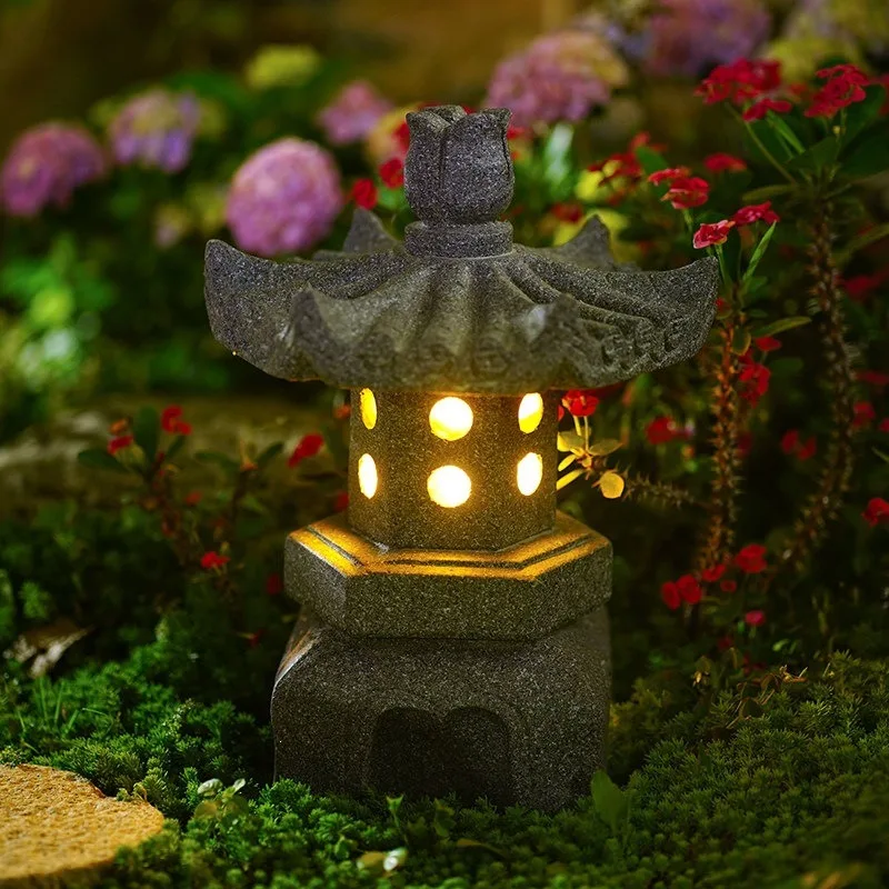 Solar outdoor garden light Garden villa landscape light Chinese retro stone lantern decorative stone lighthouse ornament