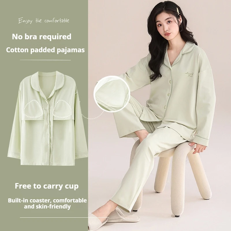 

Women's Sleepwear Pure Cotton One-piece 2024 New Spring Autumn Home Suit Set with Chest Cushion Long Sleeved Girl Pajama Sets