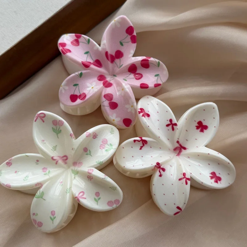 2026 New Trend Cute Flower Shape Hair Claw Set Sweet Cherry Print Hair Clips Hair Accessories For Women Girls Daily Summer Wear