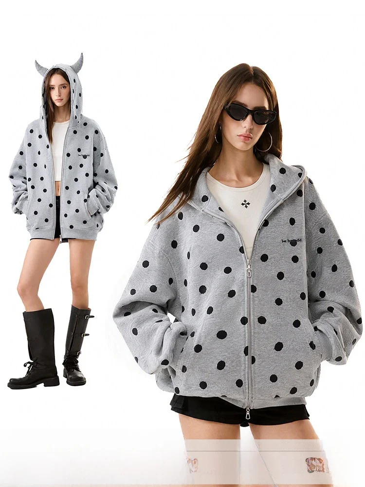 Ich Mode Devil Print Polka Dot Hooded Open Cardigan Sweatshirt Women's Casual American Style Outerwear Autumn New Arrival