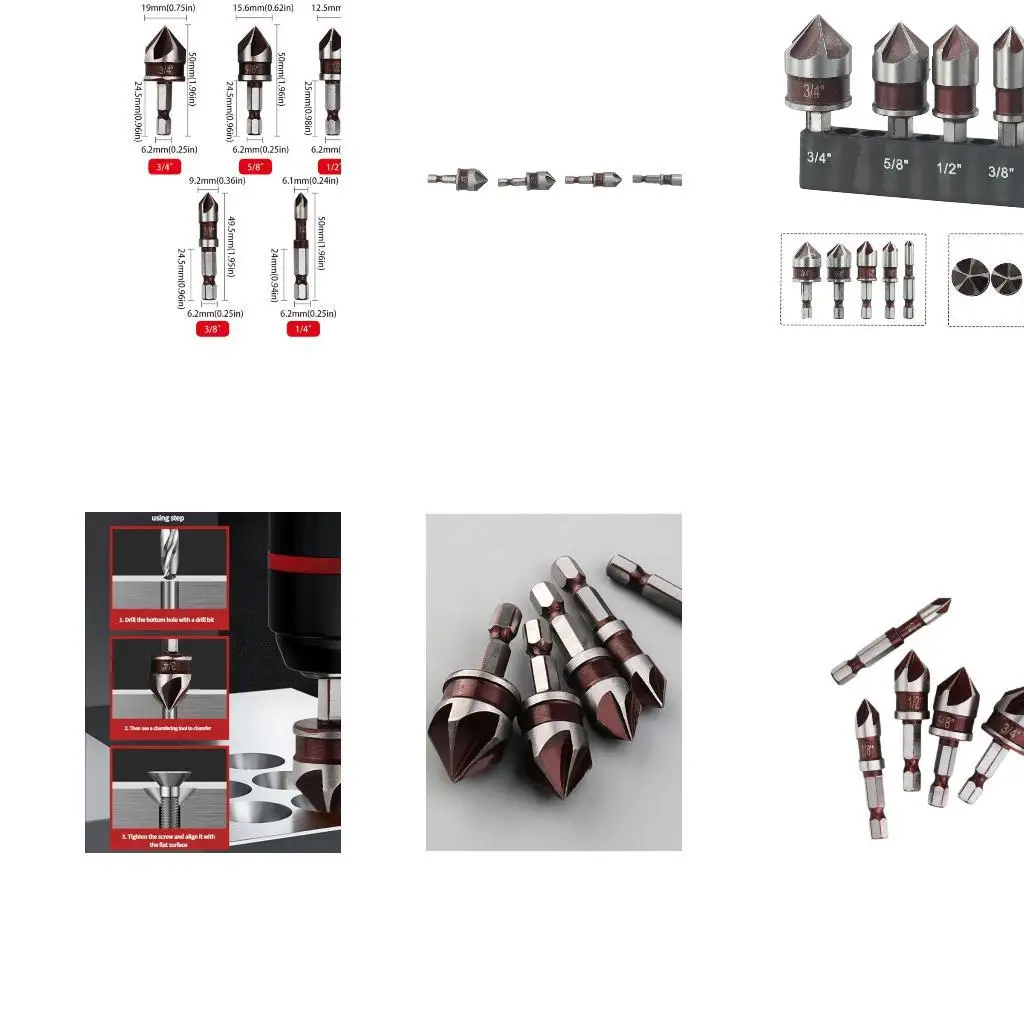 

652F Hexagonal Grip 5 Flute Countersink Bits 82° Precise Tip For Stainless Aluminum Hardwood Drilling In 5 Sizes 1/4" To 3/4