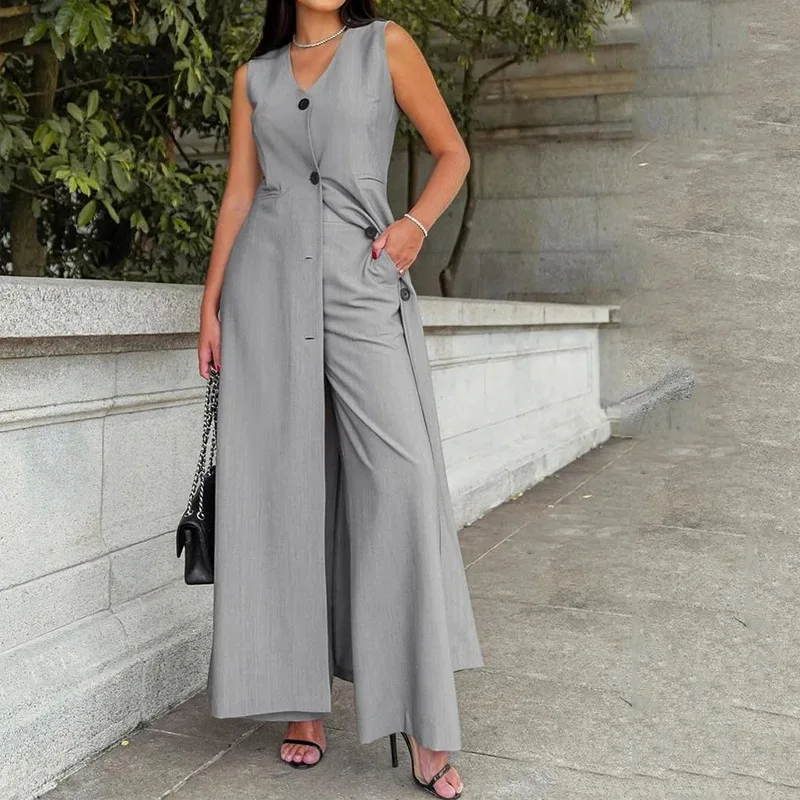 Two Piece Sets Women Pants Set V Neck Sleeveless Slim Single Breasted Mid Length Gray Vest Tops High Waist Wide Leg Long Pants