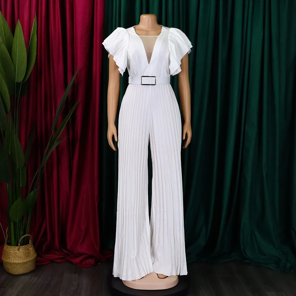 Elegant Pleated Jumpsuits & Rompers for Women V Neck Ruffles Belt Waisted High Waisted Floor Length Luxury Birthday Party Outfit