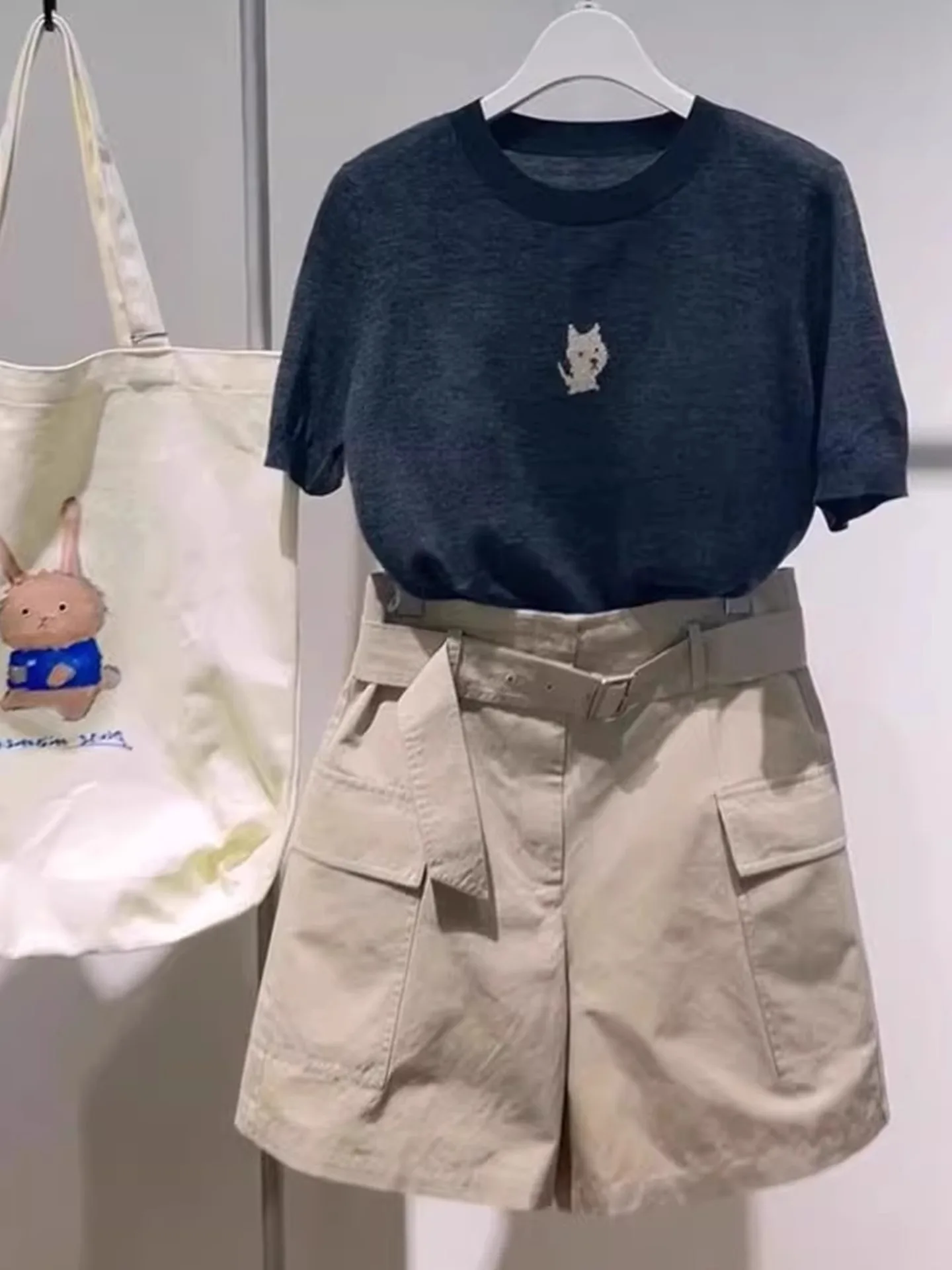 

High-End European Brand Cartoon Pattern Color Blo ort Sve Knitted T-irt round Ne Pullover Summer Top for Women