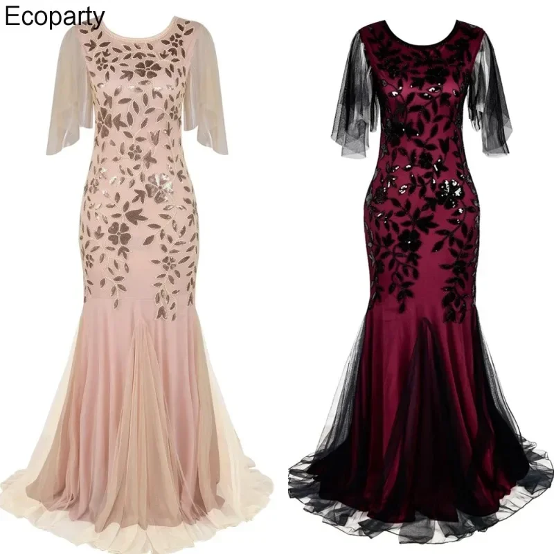 Women O-neck Tulle Embroider Evening Dress Elegant Mermaid Vintage 1920s Party Dress Great Gatsby Mesh Sequin Maxi Long Dress 35