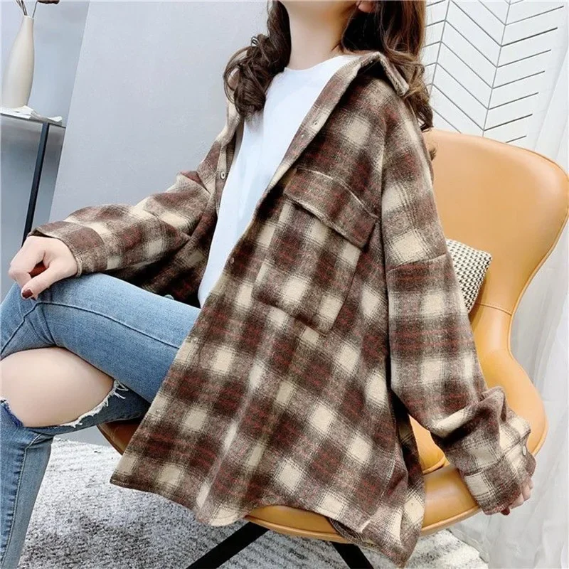 Lazy Style Plaid Casual Shirt for Women Spring Autumn 2024 New Mid Length Woolen Brushed Thick Down Long Sleeved Female Top