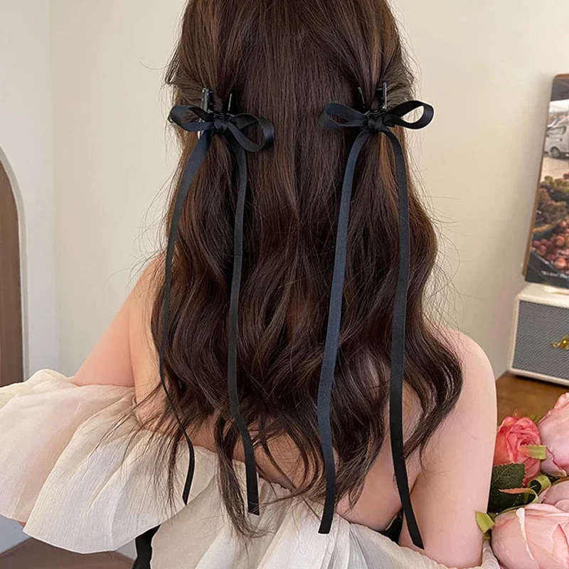 2PC/Set Long Ribbon Bow Hair Clip Fashion Sweet Black Mini Clips Hair Claw Headdress