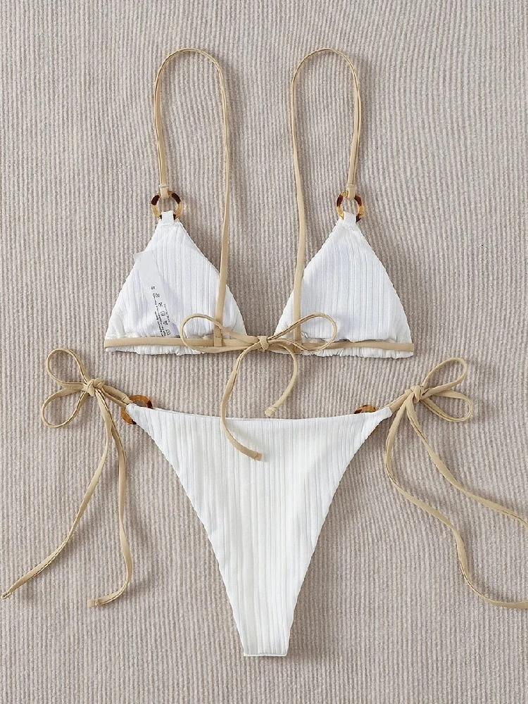 2023 Sexy Bikini ensemble mignon blanc uni anneau lié Spaghetti sangle Triangle string Biquini maillot de bain maillots de bain femmes maillot de bain B0