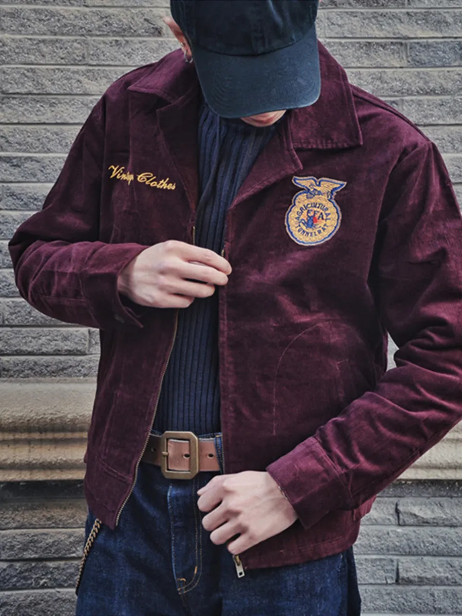 

Retro American Workwear Corduroy Jaet for Men Youthful Autumn Winter Casual Outerwear with Embroidery Thiened Cotton Blen...