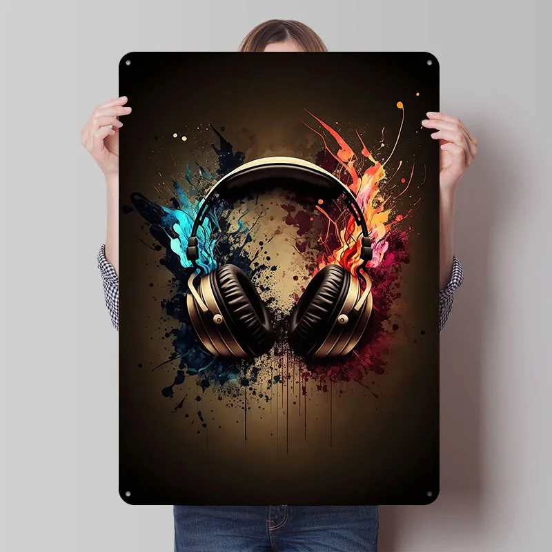 Headphones Music Tinplate Posters Customizable Wall Art Retro Vintage Metal Signs for Home Room Office Decoration Gaming Garden