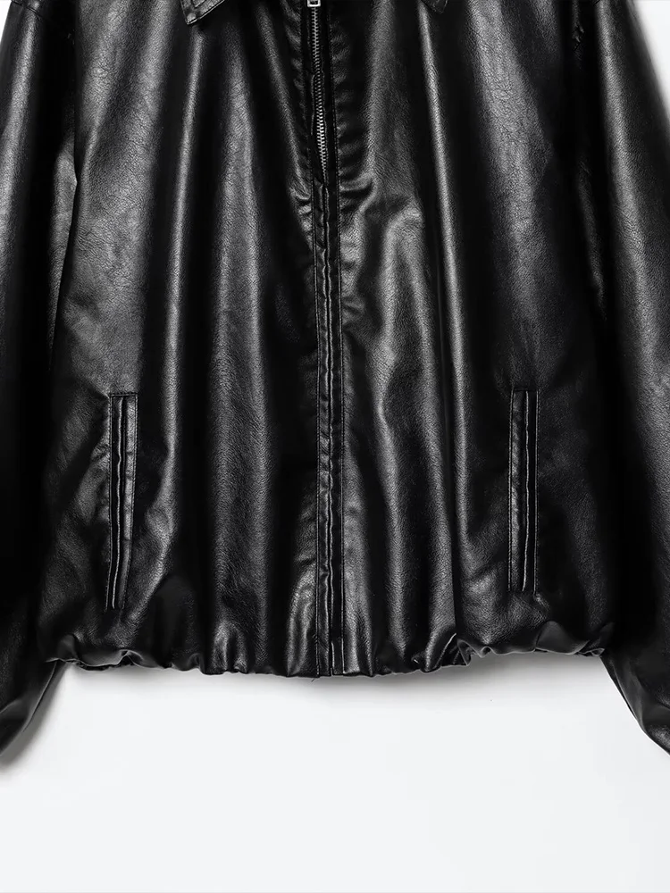 Estilo europeu nova moda feminina versátil temperamento cor sólida imitação de couro jaqueta de lapela piloto