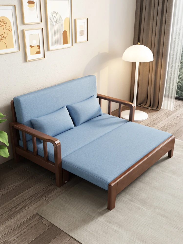 Folding sofa bed, all solid wood pull-out seat and sleeping small unit living room, modern multi-functional retractable double