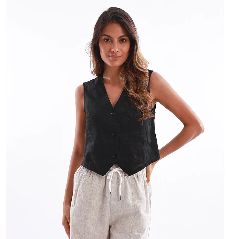 

Винтажный 100% льняной жилет, женский сексуальный жилет без рукавов с v-образным вырезом и пуговицами, повседневный модный уличный офисный женский топ
