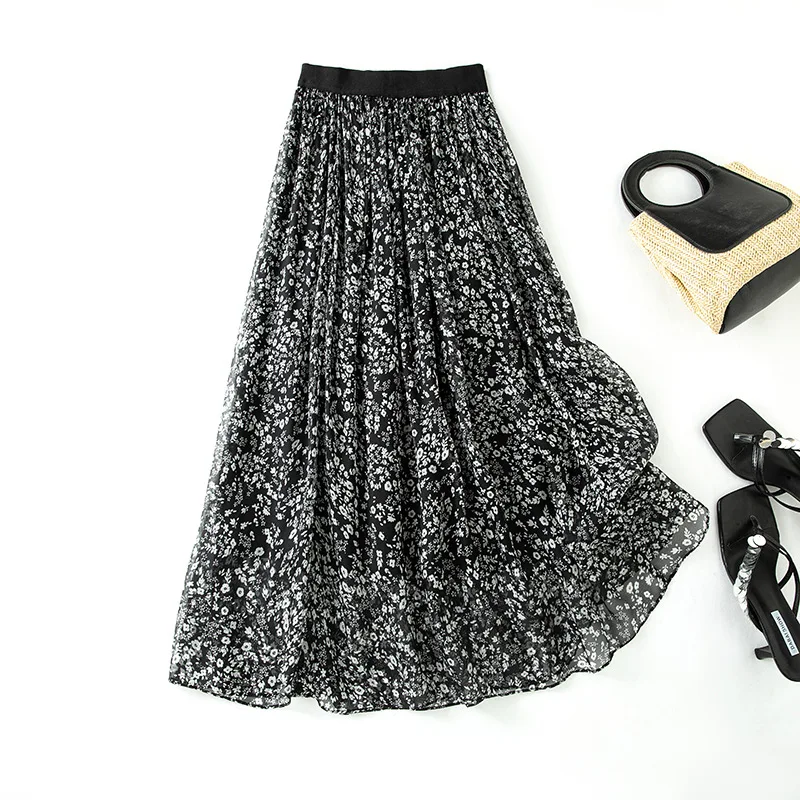Winsleter-100%Silk Elegant Skirts, Elastic Waist Floral Printed, Women Temperament Party A-line Skirt, 2026 Summer New B65652CC