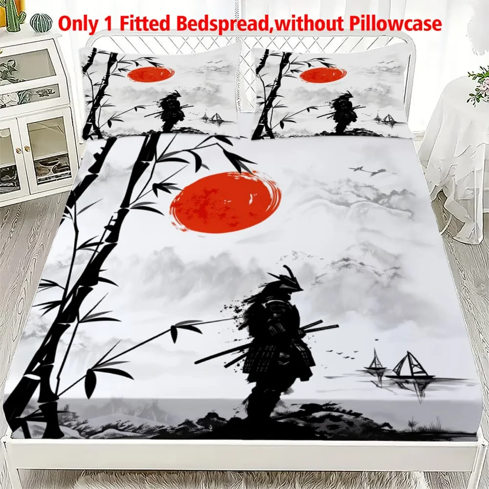 1pc Japanese Ink Wash Samurai Print Fitted Sheet Deep Pocket Elastic Mattress Cover Single Double Queen King Bedroom Decor