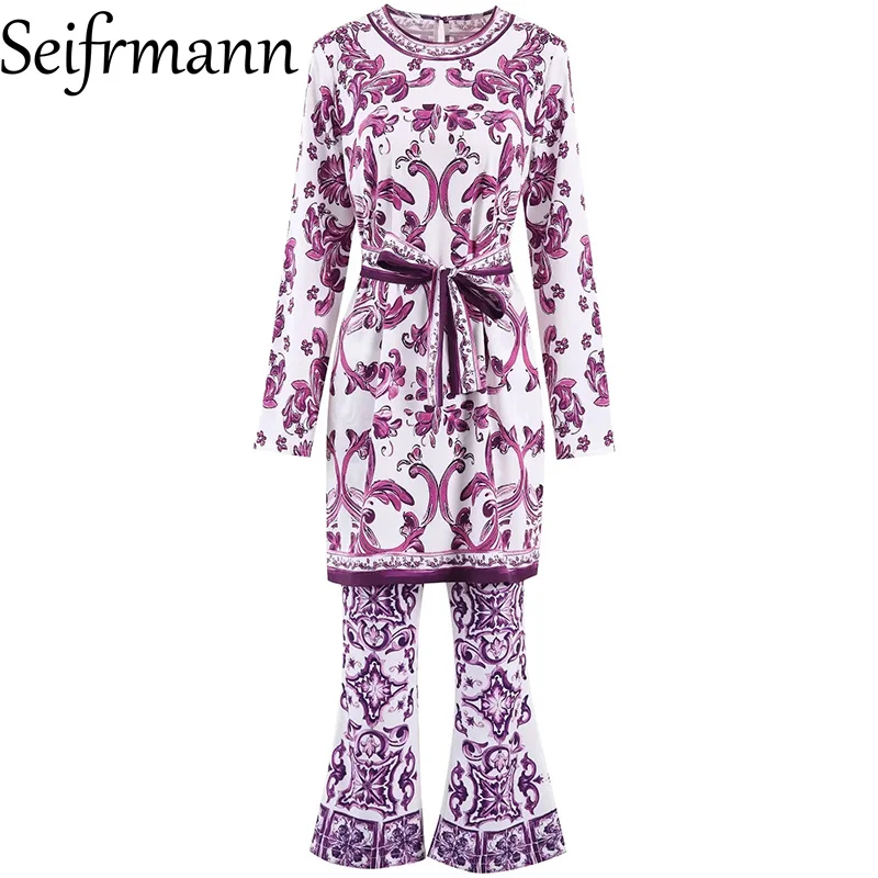 

Seifrmann 2026 Spring Women's New Fashionable Printed Round Neck Long Sleeve Top+flared Pants Two Piece Set