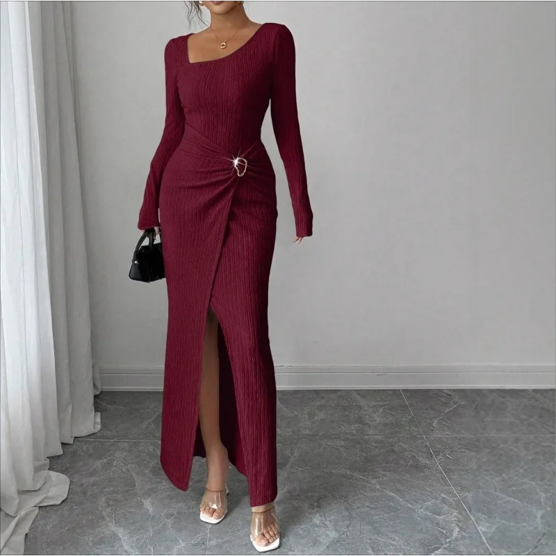 

Fall/Winter 2025 New Irregular Neckline Solid Color Knitted Texture Long Dress Women
