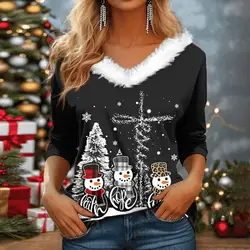 Women Christmas Tree Print T-shirt Autumn Winter V-Neck Long Sleeve Pullover Tops Plush Splicing Casual Tee Shirt