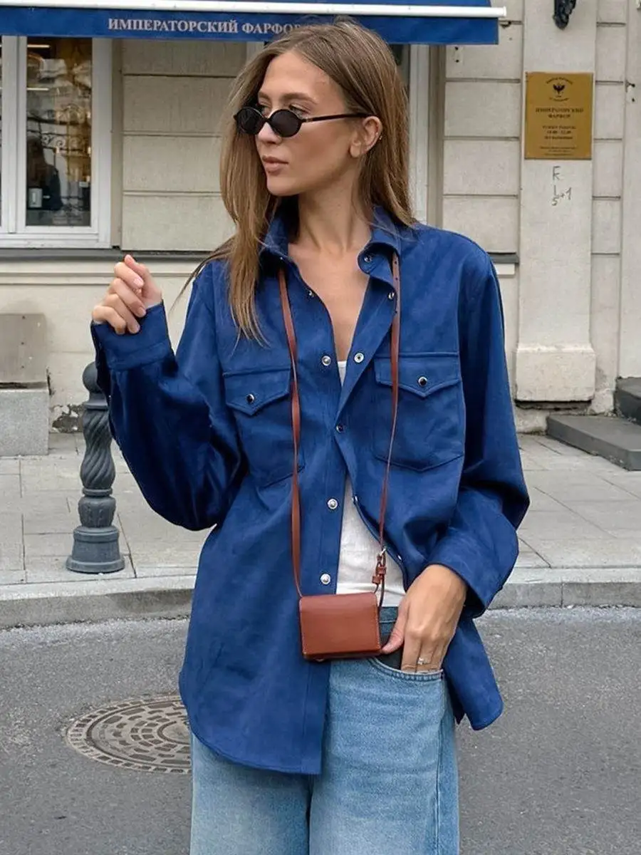 Vintage Klein Blue Collar Jacket 2025 Autumn/Winter Versatile Casual Loose Medium to Long Coat European and American Women Wear