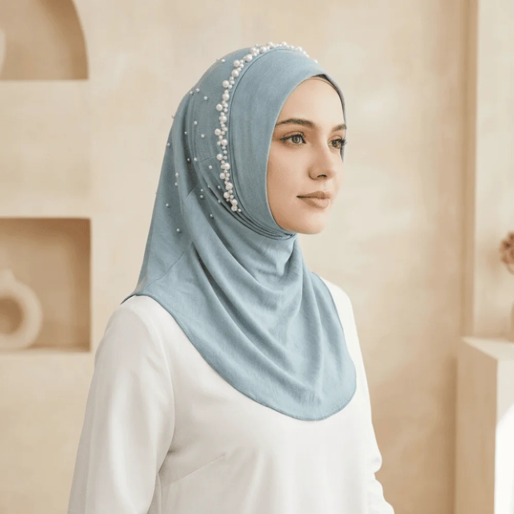 Fashion Solid Color Beads Hijab Quick Drying Stretchable Head Wraps Head Wrap Breathable Sun Protection Headscarf School