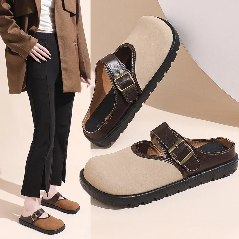 Baotou slippers women's summer color matching leather trend muller shoes soft sole breathable fashion sandals