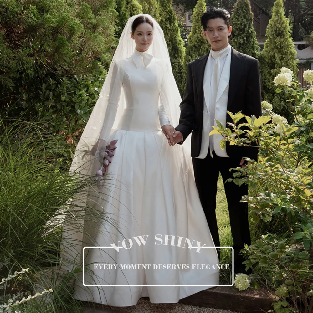 Vow Shiny Elegant Mikado Satin A Line Wedding Dress High Neck With Bow Long Sleeves Floor Length Bridal Gown Customized