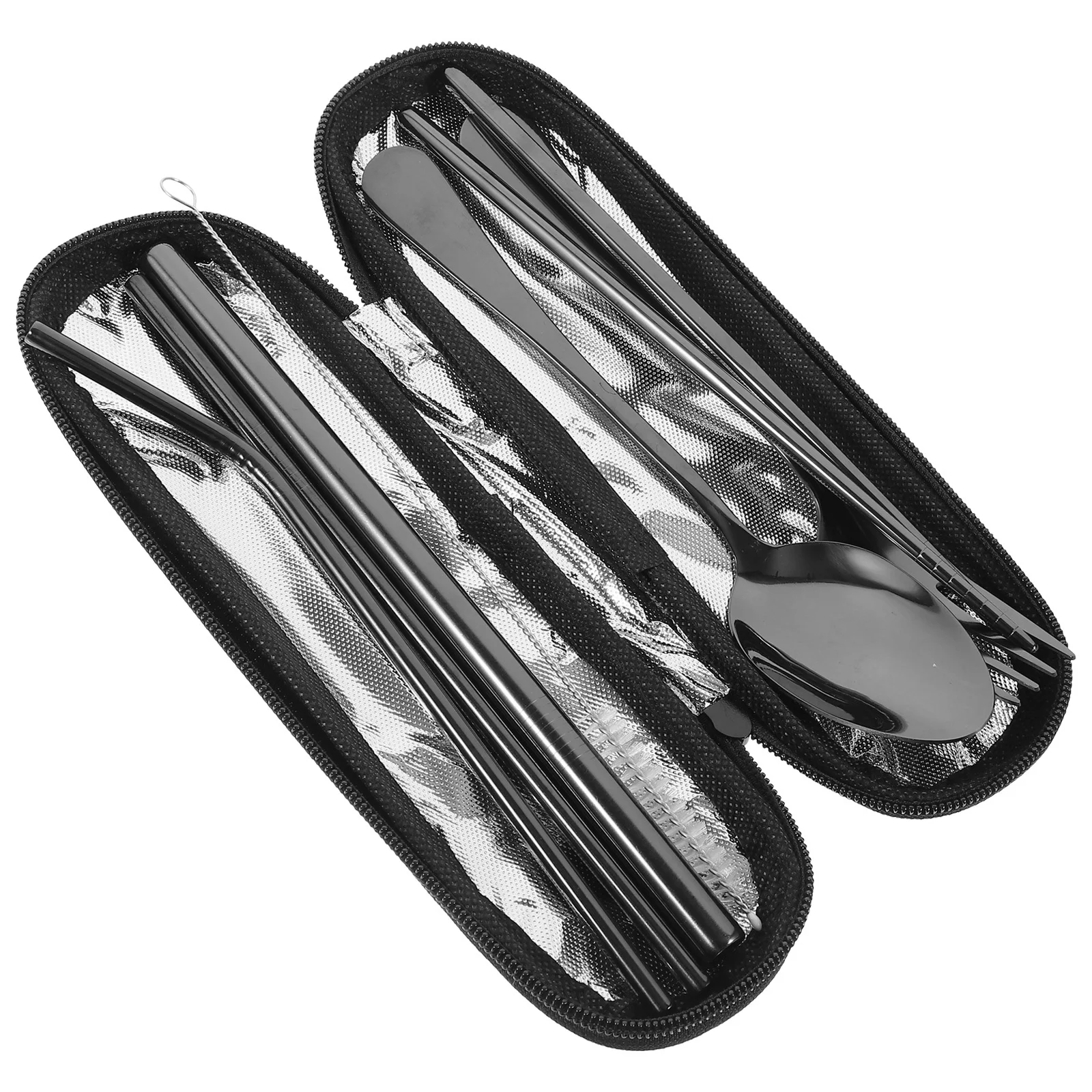 

1Set Stainless Steel Straw Set Portable Travel Tableware Kit Fork Spoon Chopsticks Cleaning Brush Storage Bag Picnic Outdoor