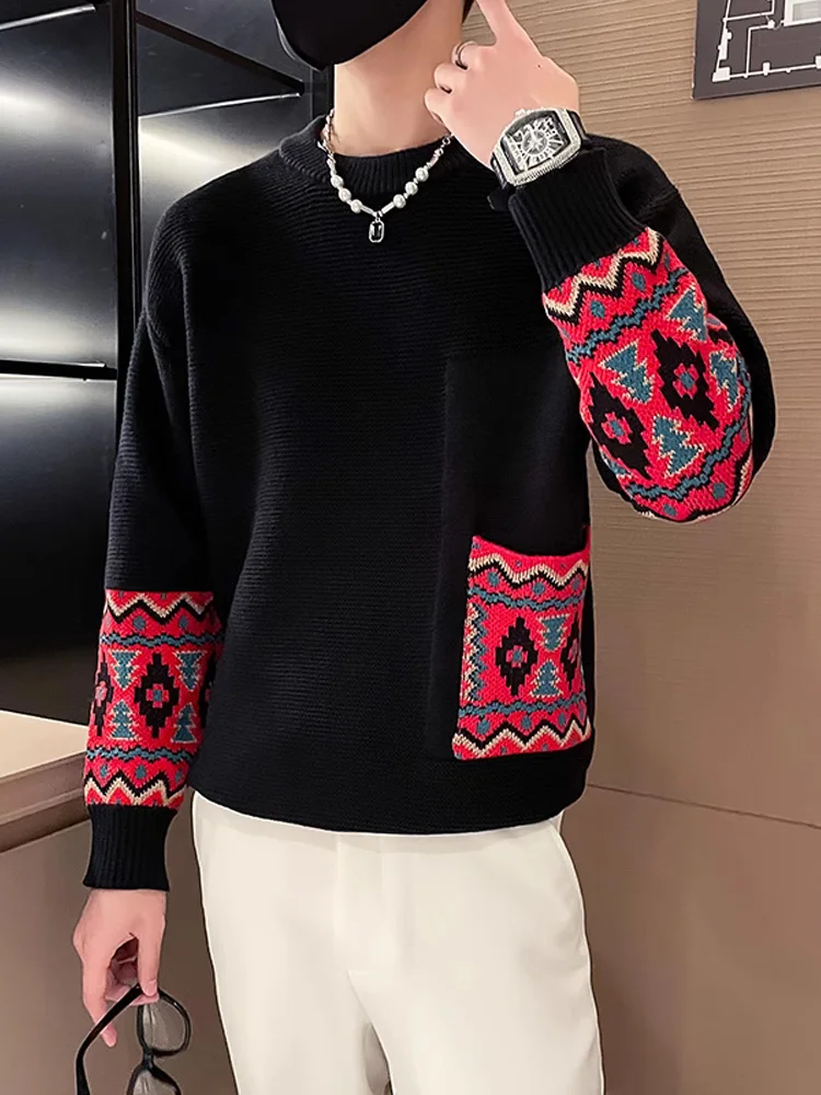 

Модный мужской трикотажный топ с круглым вырезом и вставками, новинка 2023 года, весна-осень, высококачественный, повседневный, свободного кроя