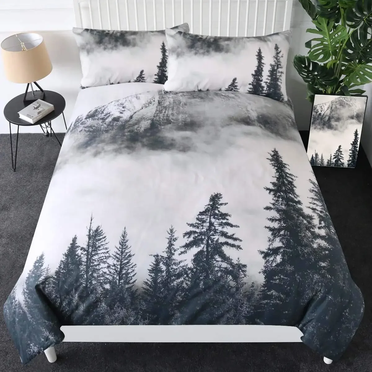 Smoky Mountain Duvet Cover Set Misty Forest Bedding Set Full Queen Size Grey Trees Natural Scenery Art Comforter Cover 2/3pcs