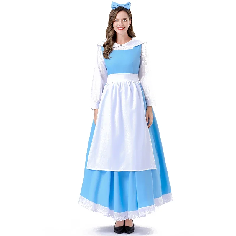 

Halloween Adult Ladies Cosplay Manor Maid Costume Party Maid Dress Belle Blue Apron Cosplay Costume Set