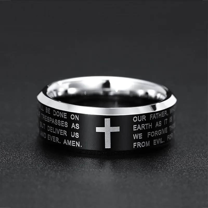 8MM Jesus Christ Cross Scripture 316L Stainless Steel Men\'s Women\'s Allah Ring Amulet Lucky Party Gift Never Fading